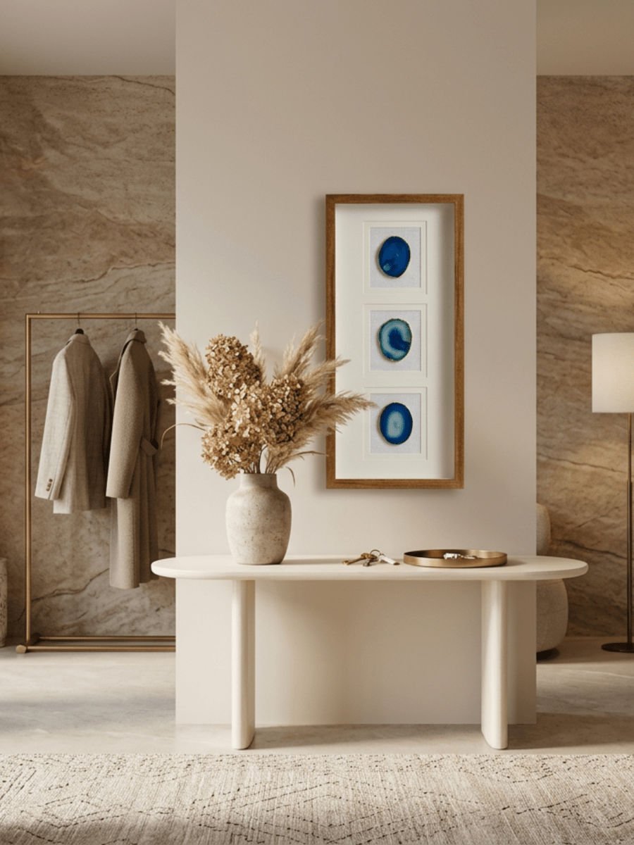 Dreiteiliger blauer Achat-Wanddeko mit braunem Rahmen