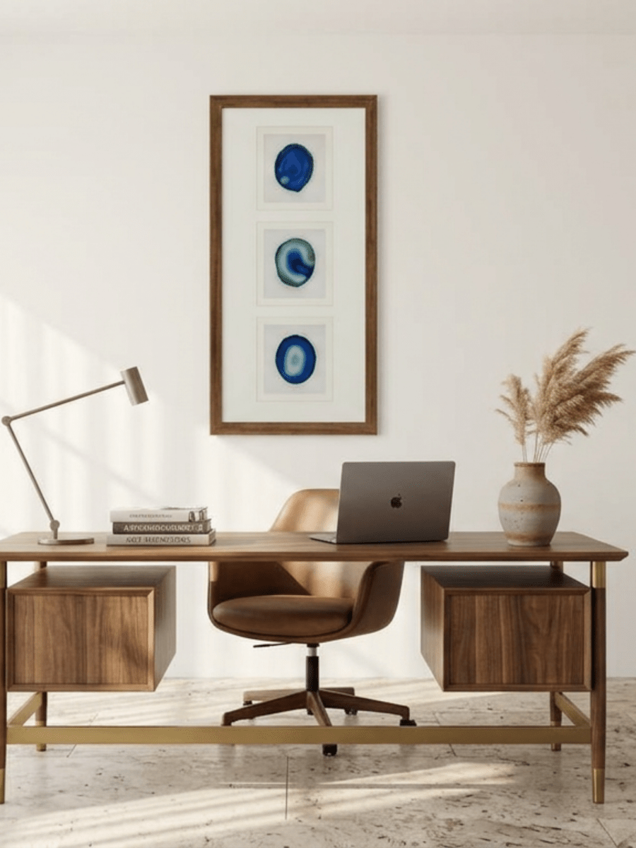 Dreiteiliger blauer Achat-Wanddeko mit braunem Rahmen