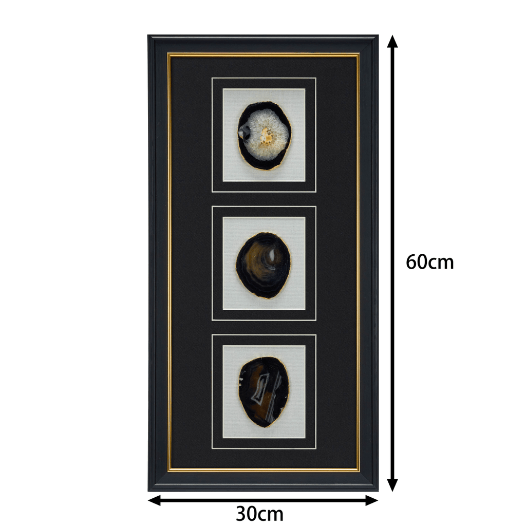 Dreiteiliger schwarzer Achat-Wanddeko mit schwarz-goldenem Rahmen