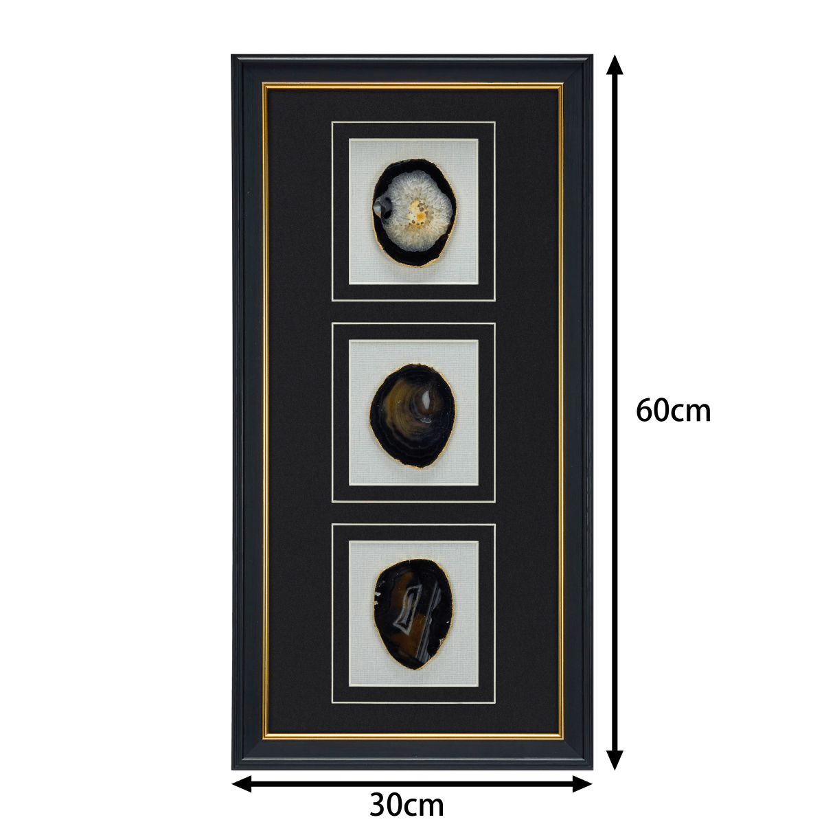 Dreiteiliger schwarzer Achat-Wanddeko mit schwarz-goldenem Rahmen