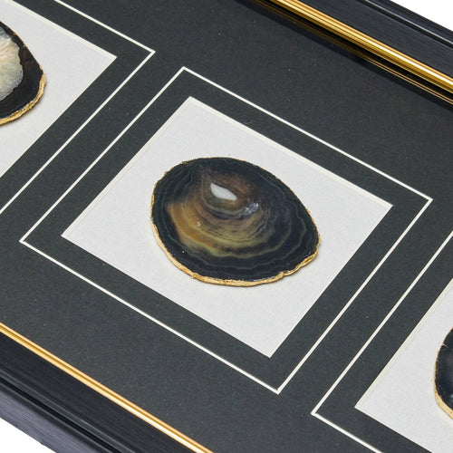 Dreiteiliger schwarzer Achat-Wanddeko mit schwarz-goldenem Rahmen