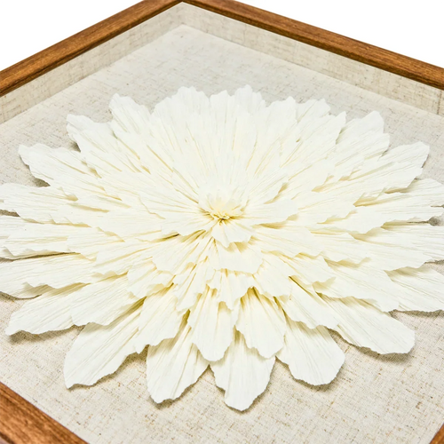 Handgefertigte Kreppblume-Wanddeko mit braunem Holzrahmen