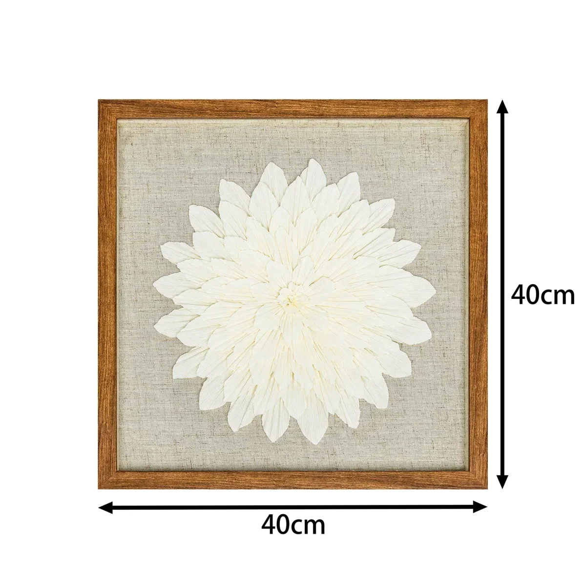 Handgefertigte Kreppblume-Wanddeko mit braunem Holzrahmen