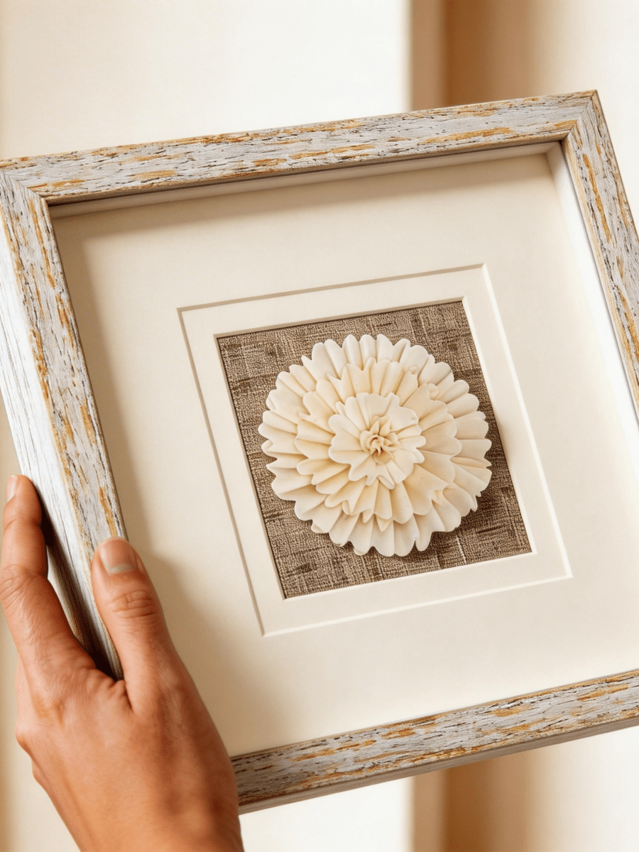 Sola-Blume-Wanddeko mit weiß-goldenem Rahmen